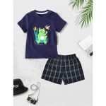 0-3Y Baby Boy Summer Navy Frog Print 2-Piece Tee and Shorts Set