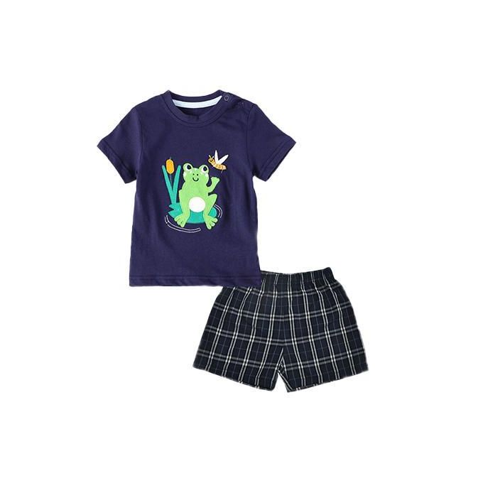 0-3Y Baby Boy Summer Navy Frog Print 2-Piece Tee and Shorts Set