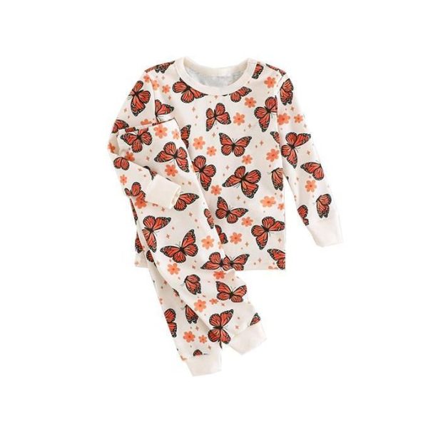 0-3Y Baby Girl COTTON Round Neck Butterfly Print Long Sleeve Top and Pants Set
