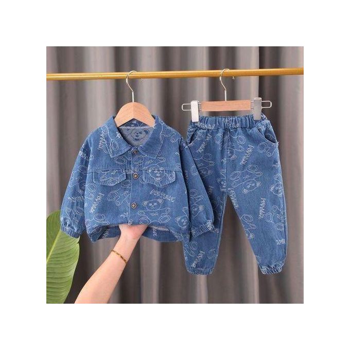 0-4 Year Old cotton Jacquard Denim Set For Boys, Long Sleeved Top+long Pants Two-piece Set