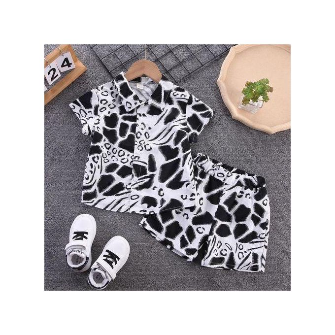 0-5-year-old Boy's Pure Cotton Printed Set, Shirt+shorts Two-piece Set-White