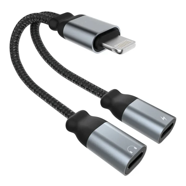 Fast iPhone Charging Braided Cable with Dual Female Lightning Music & Charge Adapter, Headphone and Charging port
