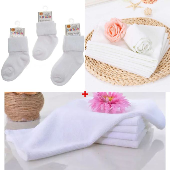 15PK Newborn 6Cotton Baby Nappies+6liners+3WHITE Socks 0-24M