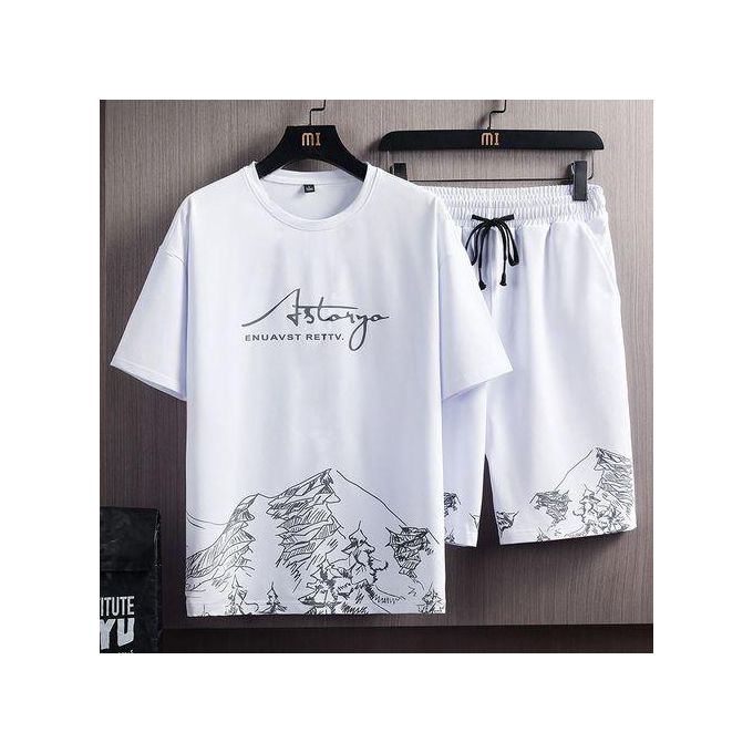 2 In 1 Men's Short Sleeve T-shirt Shorts Casual Set-White