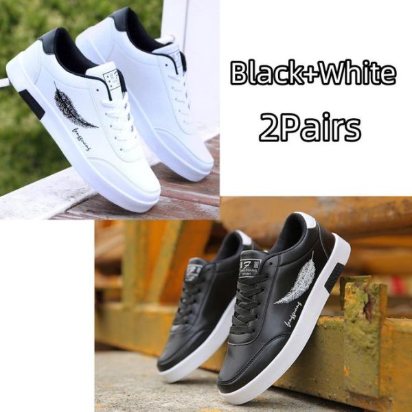 2 Pairs Men's Sneakers Sports Breathable Running Shoes, White & Black