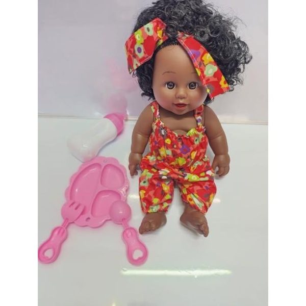 30cm African Dolls + Feeding Bottle + Plate Fork Spoon With Movable Joints and Baby Sounds Kids Children Gift