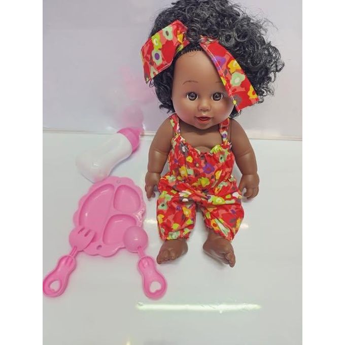30cm African Dolls + Feeding Bottle + Plate Fork Spoon With Movable Joints and Baby Sounds Kids Children Gift
