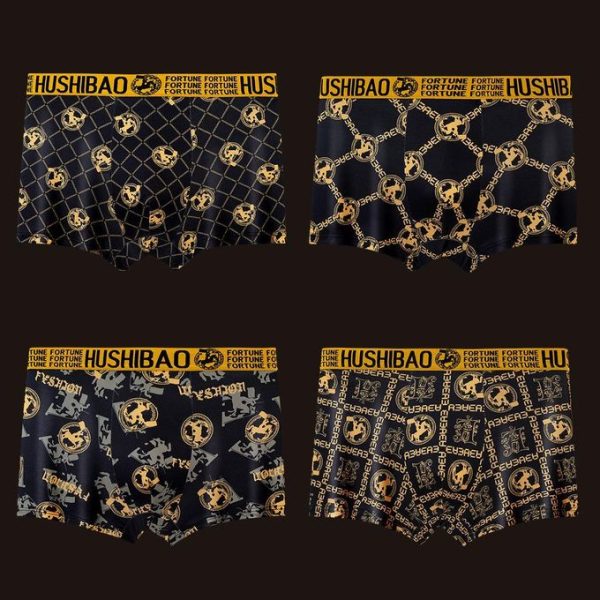 4 pcs/Set Men's Luxury Trendy Boxer Briefs - High Stretch Knit Polyester Fabric, Black/Gold Opulent Print, Breathable, Antibacterial & No - Trace Waistband