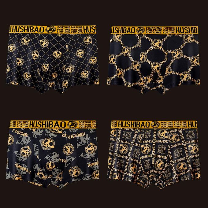 4 pcs/Set Men's Luxury Trendy Boxer Briefs - High Stretch Knit Polyester Fabric, Black/Gold Opulent Print, Breathable, Antibacterial & No - Trace Waistband