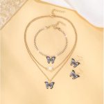 4 Piece Women's Bracelet, Ring, Earring, Necklace, Fashionable Jewelry Set, Trendy Butterfly Pattern Inlaid With Rhinestones