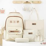 5pcs Women Girls School Bag Backpack - Beige