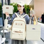 5pcs Women Girls School Bag Backpack - Beige