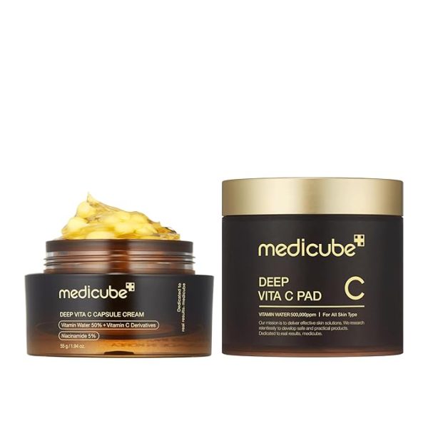medicube Glass Skin Duo for uneven skin: Deep Vita C Toner Pads and Deep Vitamin C Golden Capsule Face Moisturizer
