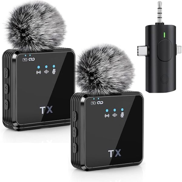 F11/2 Wireless Lavalier Microphone 3 in 1 Mobile Phone Vlog Video Recording Interview Broadcasting for Android, iPhone and Camera