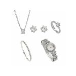 AIDAILU 5 Pcs Women Jewelry Set Rhinestone Wrist Watch + Bracelet - Silver