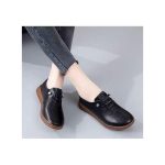 AIDAILU Women Leather Shoes For Ladies Soft Slip On Flat Shoe - Black