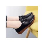 AIDAILU Women Leather Shoes For Ladies Soft Slip On Flat Shoe - Black