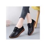 AIDAILU Women Leather Shoes For Ladies Soft Slip On Flat Shoe - Black