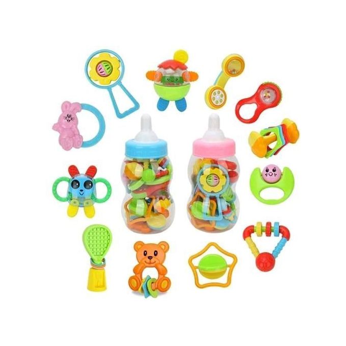 Baby First Rattles Teethers Set - 10pcs With Giant Bottle