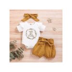 Baby Girls Letter Print Short Sleeve Bodysuit + Polka Dot Shorts + Headband