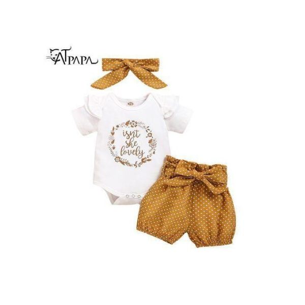 Baby Girls Letter Print Short Sleeve Bodysuit + Polka Dot Shorts + Headband