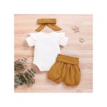 Baby Girls Letter Print Short Sleeve Bodysuit + Polka Dot Shorts + Headband