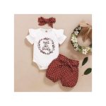 Baby Girls Outfit Set Letter Short Sleeves Bodysuit Polka Dot Shorts Headband
