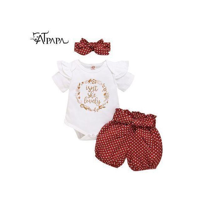 Baby Girls Outfit Set Letter Short Sleeves Bodysuit Polka Dot Shorts Headband