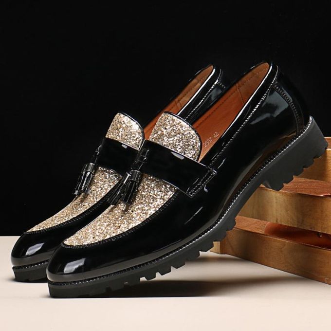 Banagat Men Glossy Casual Brogue Official Shoes Oxford Loafers & Slip-Ons Gold Black