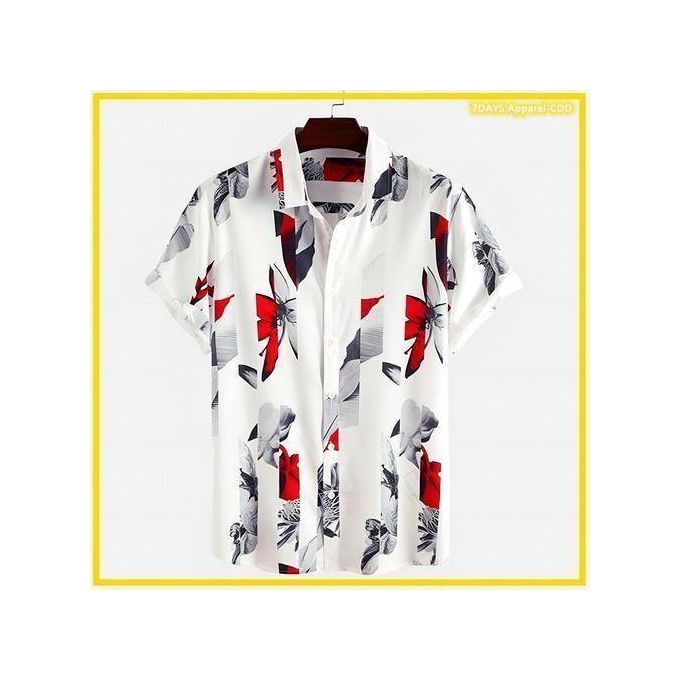 Berrykey Men's Hawaiian Ink Print Bottom-down Beach Short Sleeve T-Shirt Casual Tops