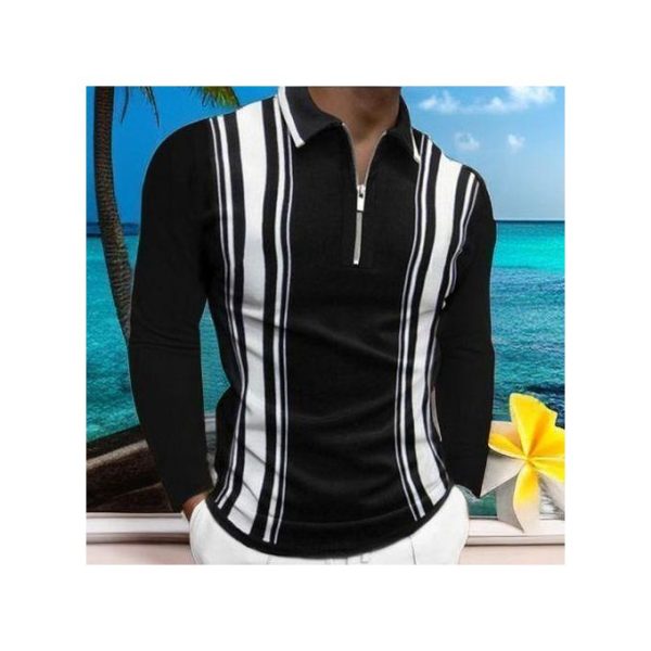 Berrykey Men's Striped Shirts Long-sleeved Polo Shirt - Black
