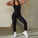 Black High-Quality Solid Ribbed Bodycon Jumpsuit For Women – Sleeveless, Hollow Design, Sporty One-Piece Romper – Casual Stretch Fit Playsuit