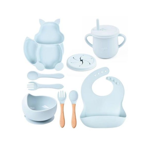 Blue- Premium Hot Sale Suction Baby Silicone Plate Bowl and spoon Feeding Set Food Grade Baby Feeding Placement Tableware Dinner Set