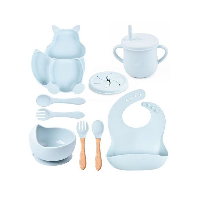 Blue- Premium Hot Sale Suction Baby Silicone Plate Bowl and spoon Feeding Set Food Grade Baby Feeding Placement Tableware Dinner Set