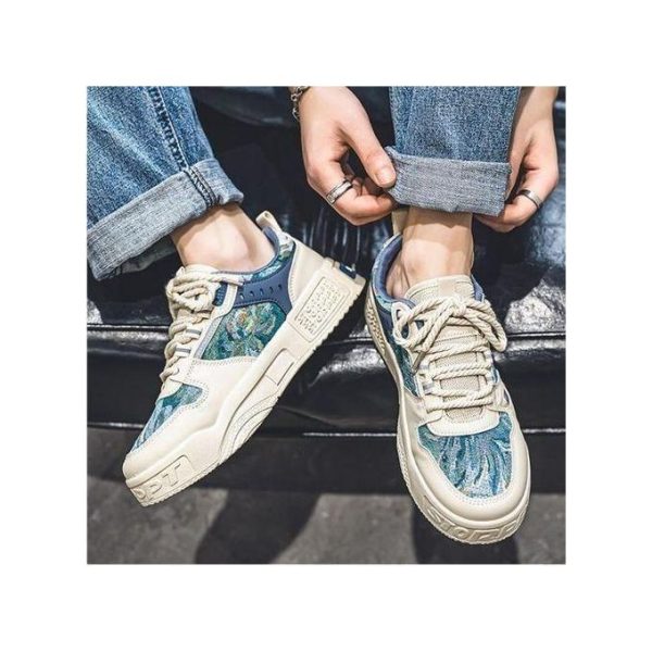 BLWOENS Men's Casual Sneakers Lace-up Skate Shoes Comfortable Retro Fashion Sneakers-Blue/Beige