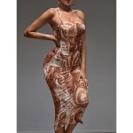 CALLIARA Elegant Women's Marble Print Spaghetti Strap Bodycon Midi Dresses for Ladies