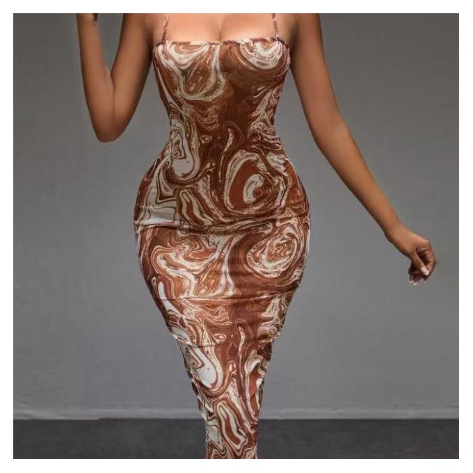 CALLIARA Elegant Women's Marble Print Spaghetti Strap Bodycon Midi Dresses for Ladies