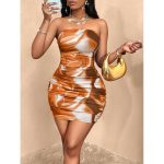 CALLIARA Women's Brown Marble Print Strapless Ruched Bodycon Mini Dresses for Ladies