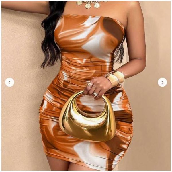 CALLIARA Women's Brown Marble Print Strapless Ruched Bodycon Mini Dresses for Ladies