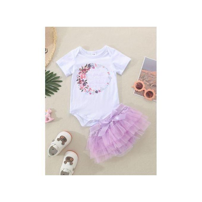 Catpapa 0-12Months Baby Girl 2pcs Flower Print Bodysuit + Mesh Skirt