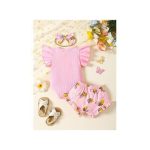 Catpapa 0-18Months Baby Girls Bodysuit With Shorts And Headband