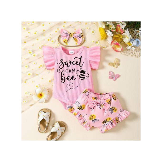 Catpapa 0-18Months Baby Girls Bodysuit With Shorts And Headband