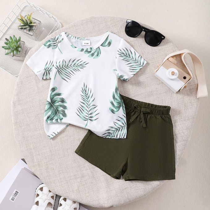 Catpapa 0-2 years baby green short-sleeved two-piece set, suitable for parties, outdoor activities, comfortable and cool, easy to clean