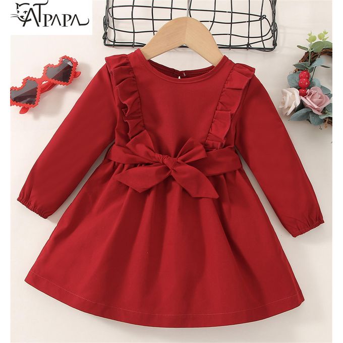 Catpapa 0-2Years Baby Girls Long Sleeve Dress Solid Color