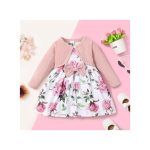 Catpapa 0-3 Years Kid Girl 2PCS Solid Color Ribbed Overcoat With Floral Sleeveless Dress
