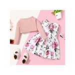 Catpapa 0-3 Years Kid Girl 2PCS Solid Color Ribbed Overcoat With Floral Sleeveless Dress