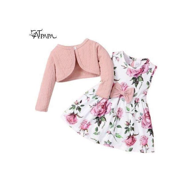 Catpapa 0-3 Years Kid Girl 2PCS Solid Color Ribbed Overcoat With Floral Sleeveless Dress
