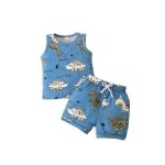 Catpapa 0-3Years Baby Boy 2PCS Dinosaur Blue Sleeveless Shirt+Shorts