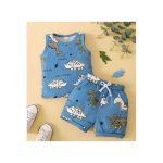Catpapa 0-3Years Baby Boy 2PCS Dinosaur Blue Sleeveless Shirt+Shorts