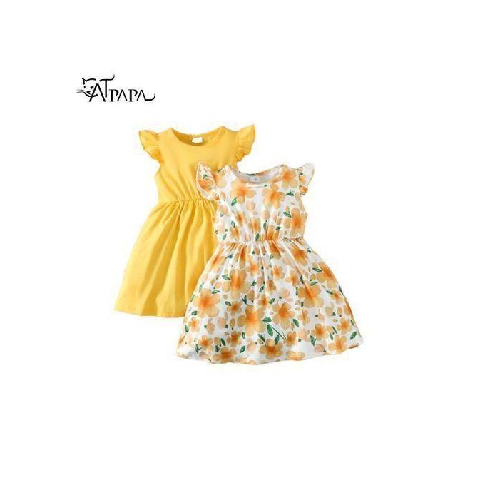 Catpapa 1-6Years Kid Girl 2pcs Set Sleeveless Solid And Floral Dress